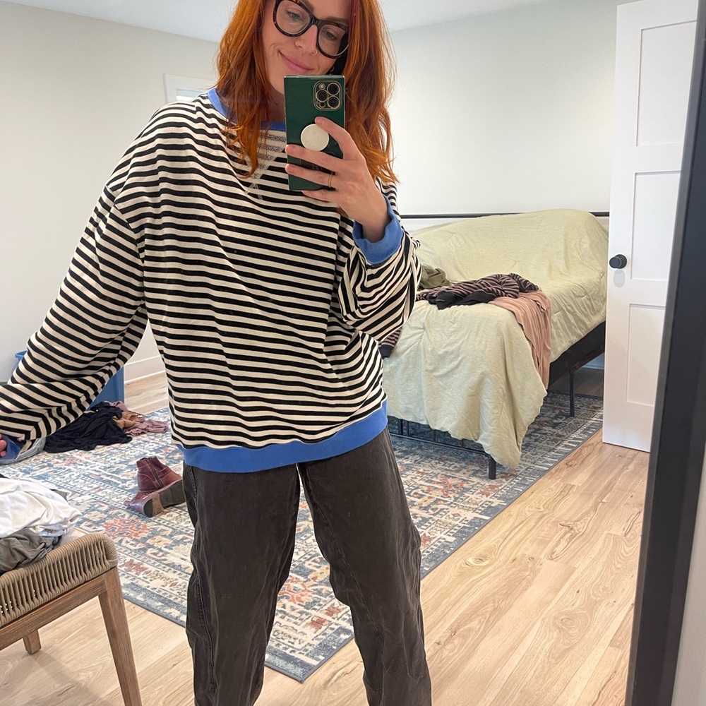 Free People Black and White Striped Sweater with Blue Accents